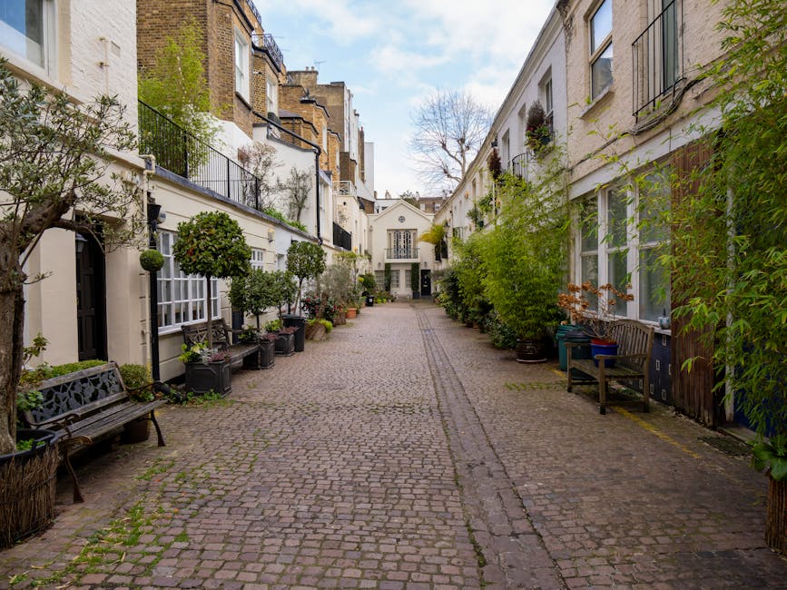 A narrow courtyard in Clerkenwell with a cobblestone paving surface, flanked by white terraced houses with large multi-pane windows and black wrought-iron balconies. The courtyard features various pot