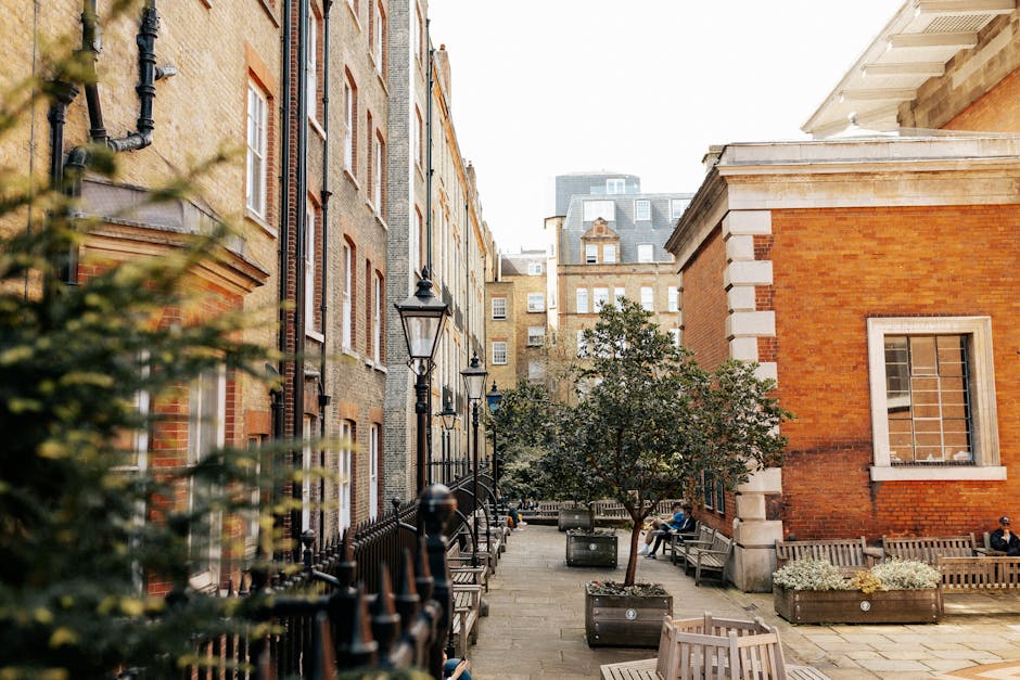 A narrow courtyard in Clerkenwell with a cobblestone paving surface, flanked by white terraced houses with large multi-pane windows and black wrought-iron balconies. The courtyard features various pot
